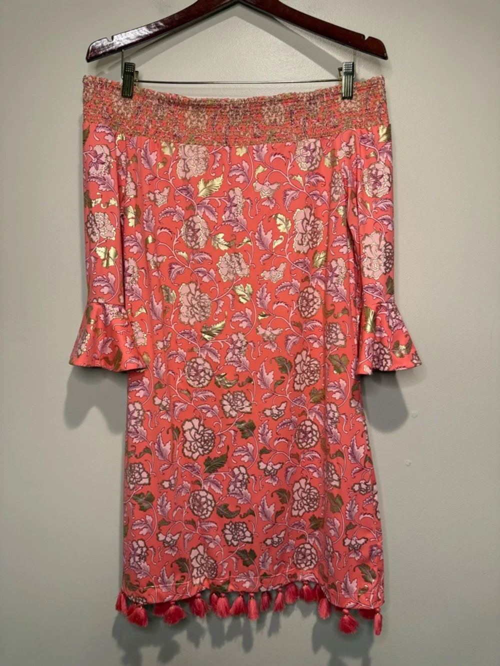 Cabana Life Dress Womens medium Off the Shoulder Tassels UPF Protection Floral